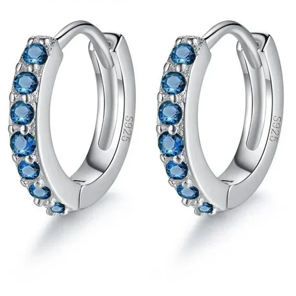 Small Different Colored CZ Diamond Huggy Loop Earrings,  925 Sterling Si… - Picture 5 of 5